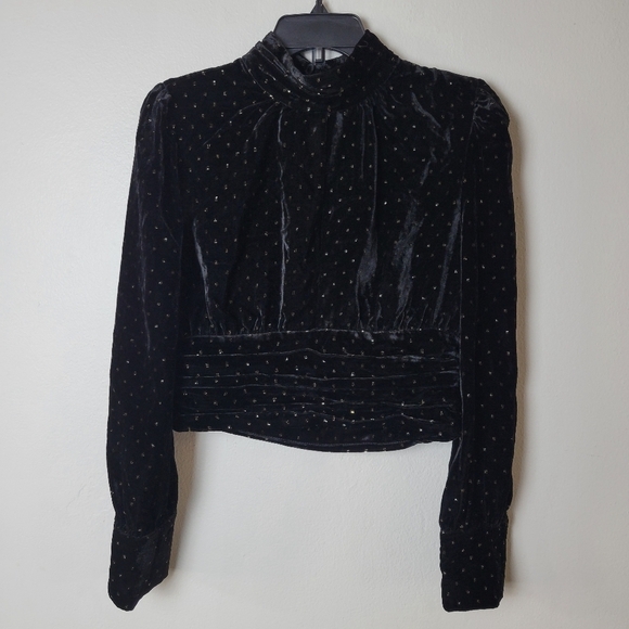 NWT ZARA Black CROPPED VELVET TOP Long Sleeve  Metallic  size M - Picture 3 of 13
